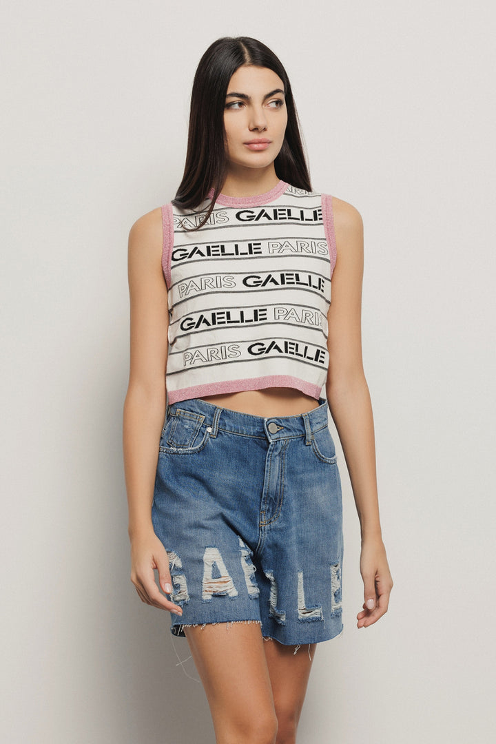 TOP MALHA BRANCO COM CONRASTE ROSA GAELLE PARIS