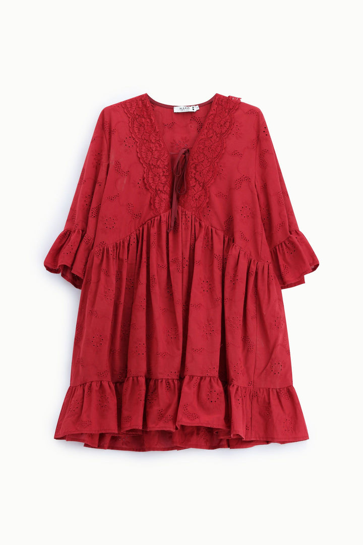 VESTIDO BORDÔ BORDADO COM GOLA EM RENDA PLEASE