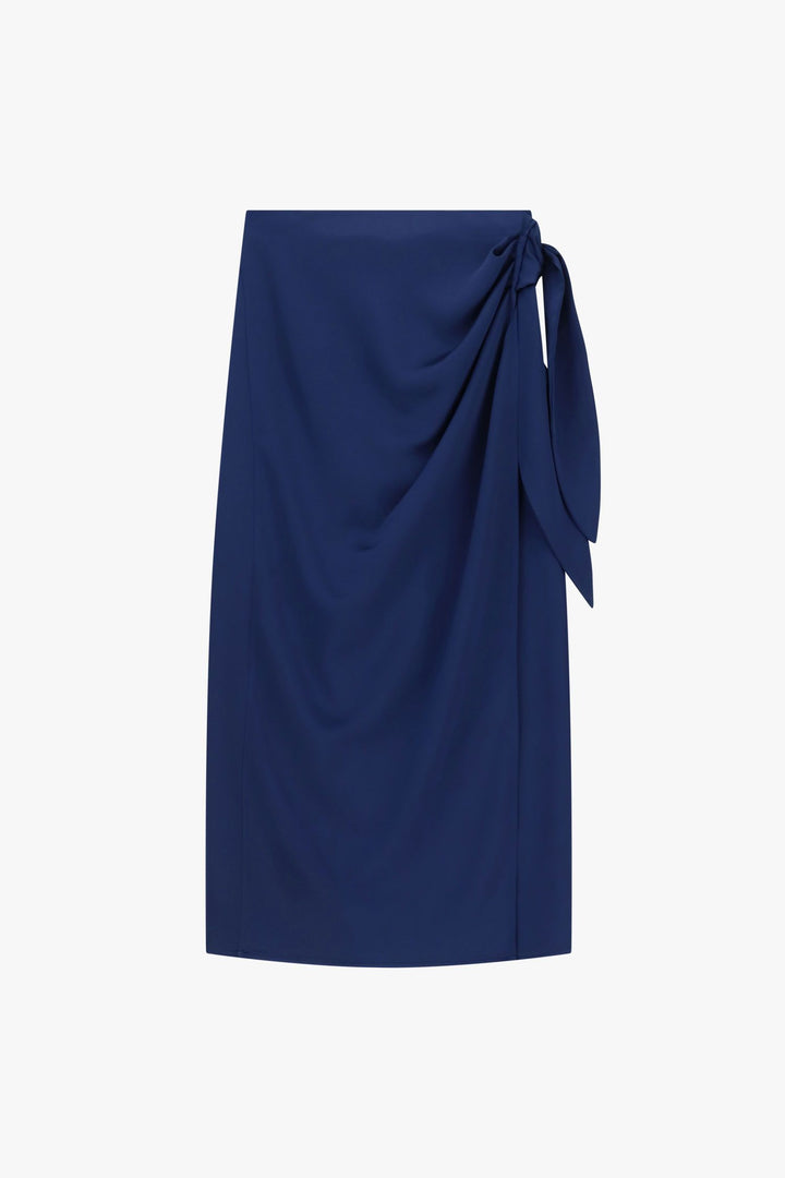 SAIA MIDI AZUL ACETINADA DRAPEADA COM LAÇO IMPERIAL