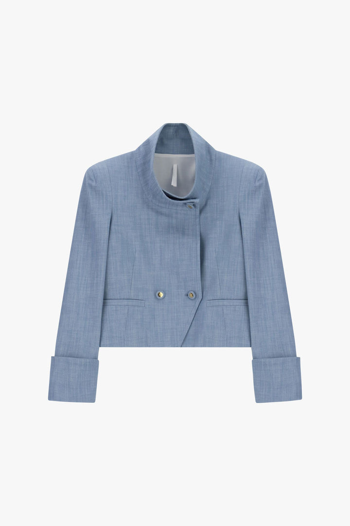 BLAZER CROPPED AZUL DENIM COM GOLA ESTRUTURADA IMPERIAL