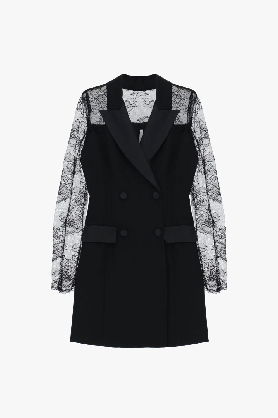 VESTIDO BLAZER PRETO COM RENDA E GOLA EM CETIM IMPERIAL