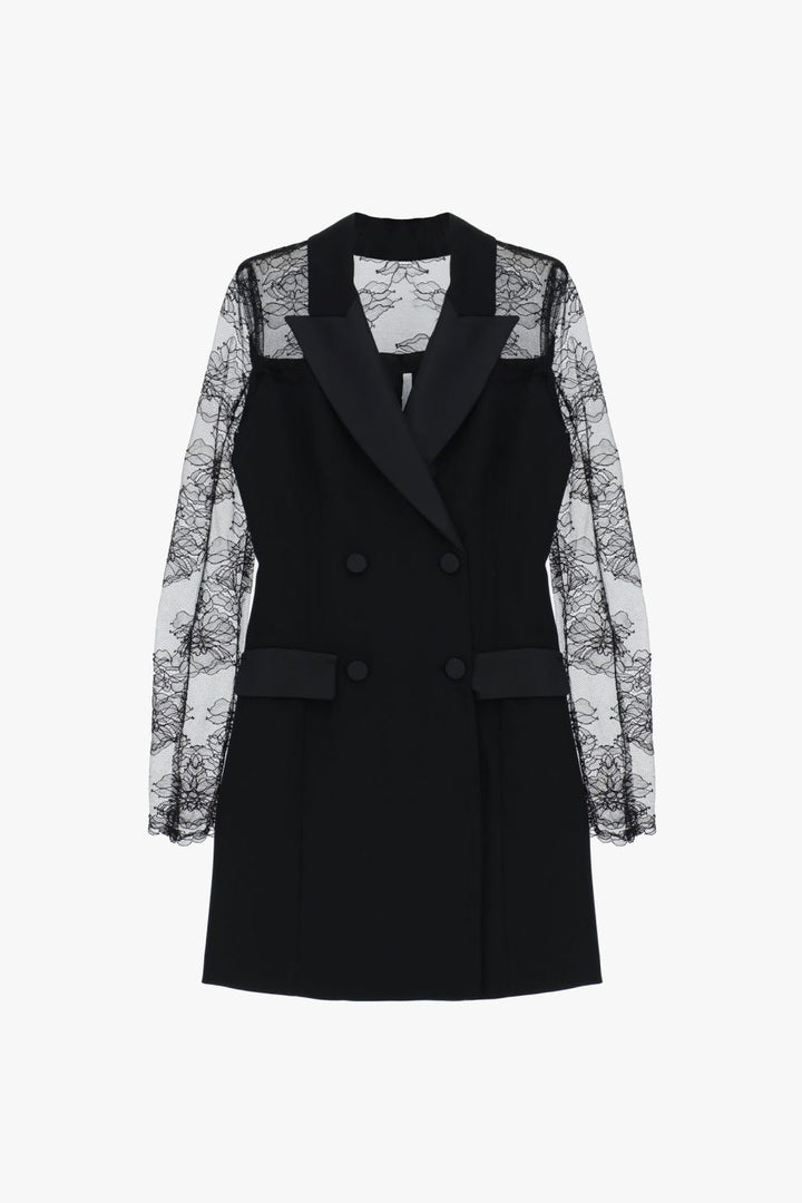 VESTIDO BLAZER PRETO COM RENDA E GOLA EM CETIM IMPERIAL