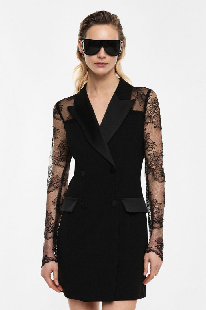 VESTIDO BLAZER PRETO COM RENDA E GOLA EM CETIM IMPERIAL