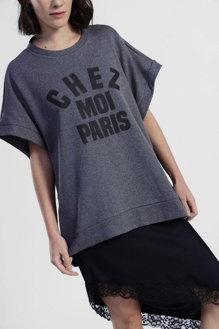 VESTIDO SWEAT CINZENTO COM LETRAS CHEZ MOI PARIS DIXIE