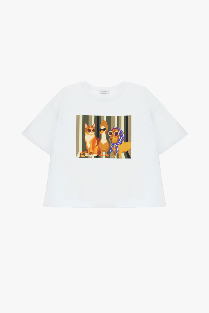 T-SHIRT BRANCA OVERSIZE COM ESTAMPADO ANIMAIS PLEASE