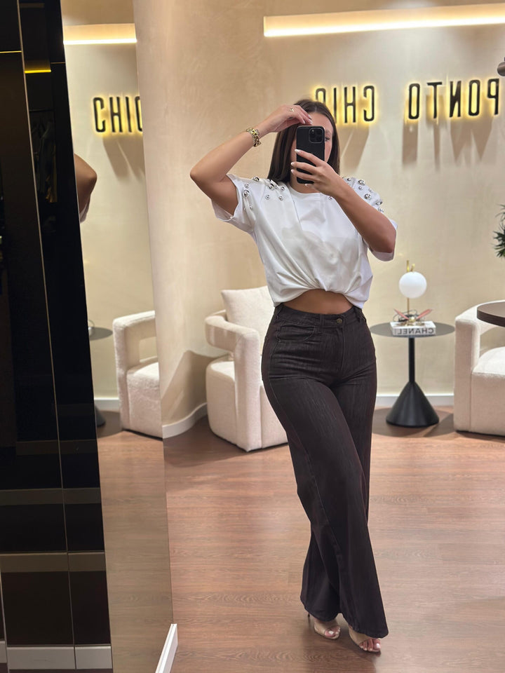 CALÇA WIDE LEG DENIM CASTANHO PONTO CHIC