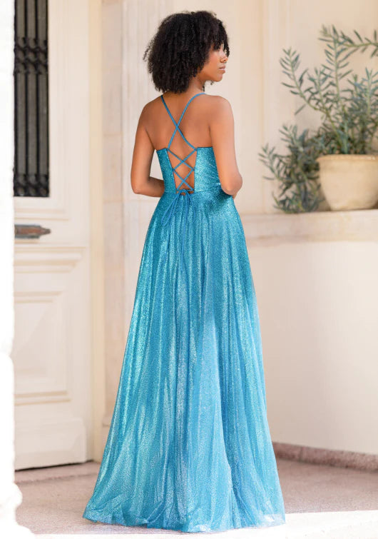VESTIDO LONGO AZUL METALIZADO COM RACHA E COSTAS CRUZADAS PONTO CHIC