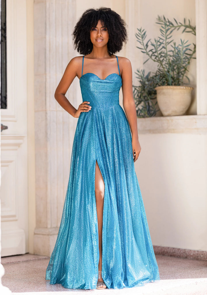VESTIDO LONGO AZUL METALIZADO COM RACHA E COSTAS CRUZADAS PONTO CHIC