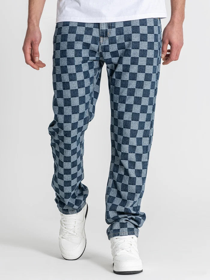 CALÇAS JEANS AZUIS PADRÃO QUADRADOS PONTO CHIC