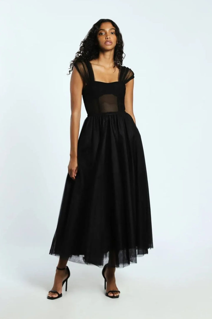 VESTIDO PRETO COMPRIDO EM TULE COM ALÇAS IMPERIAL