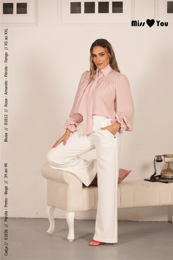 BLUSA COM LAÇO E DETALHE FRANZIDO ROSA MISS YOU
