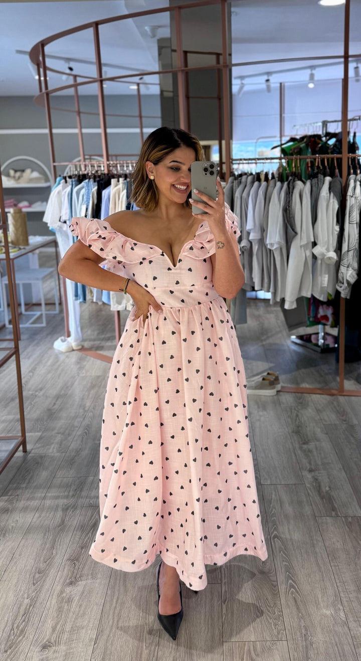VESTIDO COMPRIDO ESTAMPADO CORAÇÕES PONTO CHIC