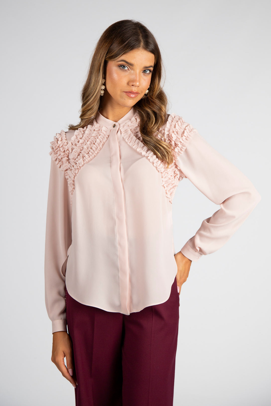 BLUSA ROSA COM FOLHOS SILVINA CAMPOS