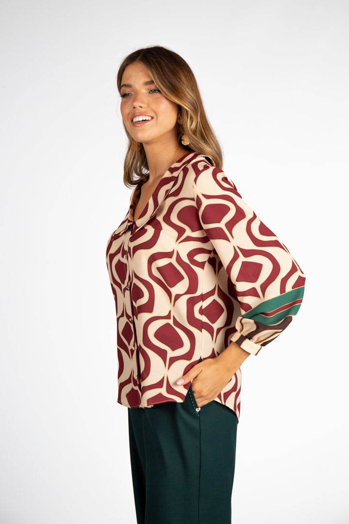 BLUSA ESTAMPADA EM TONS DE BORDO E BEGE SILVINA CAMPOS
