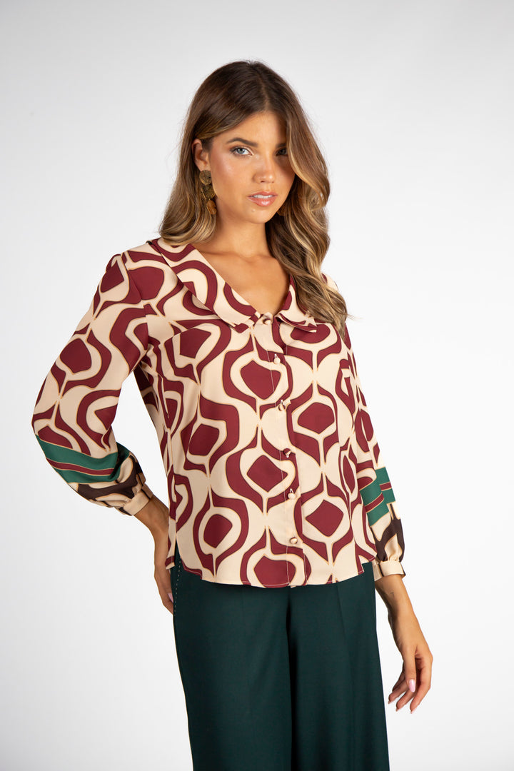 BLUSA ESTAMPADA EM TONS DE BORDO E BEGE SILVINA CAMPOS
