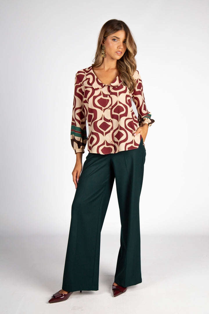 BLUSA ESTAMPADA EM TONS DE BORDO E BEGE SILVINA CAMPOS