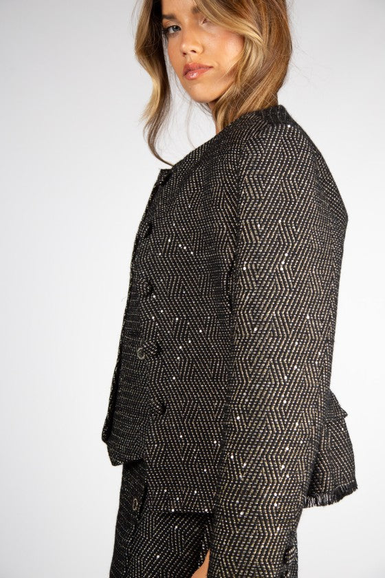 CASACO TWEED PRETO COM BRILHO SILVINA CAMPOS