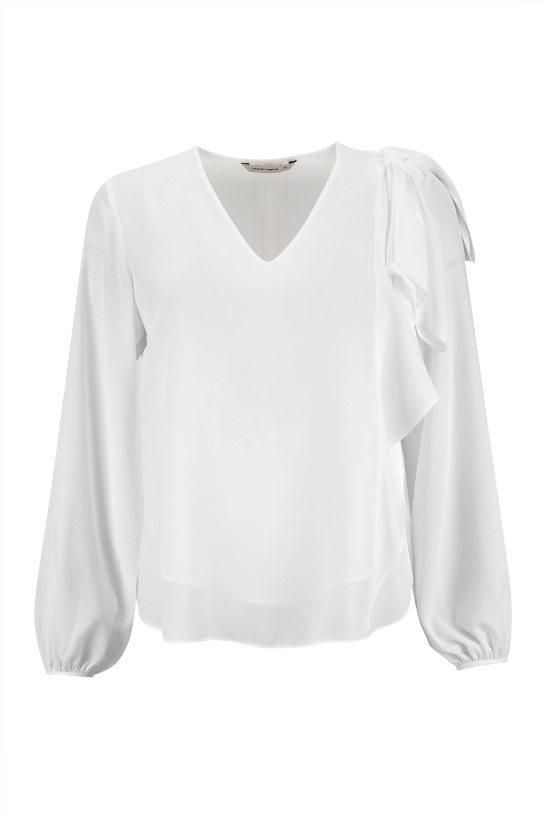 BLUSA BRANCA COM LAÇO E FOLHOS SILVINA CAMPOS