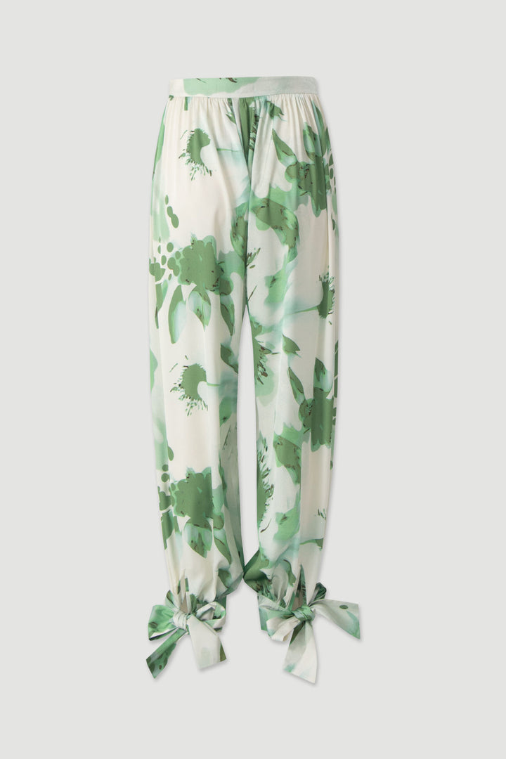 CALÇA VERDE ESTAMPADA FLUIDA COM DETALHE DE ATAR FERRACHE