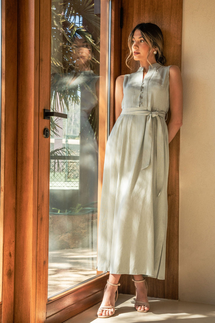 VESTIDO MIDI FLUIDO VERDE CHAMPANHE COM CINTO FERRACHE