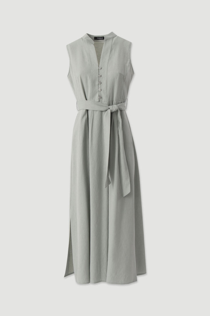 VESTIDO MIDI FLUIDO VERDE CHAMPANHE COM CINTO FERRACHE