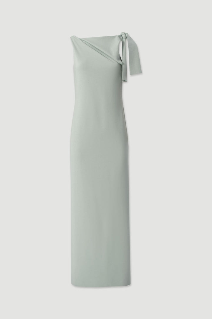 VESTIDO VERDE COMPRIDO COM DRAPEADO E LAÇO NO OMBRO FERRACHE