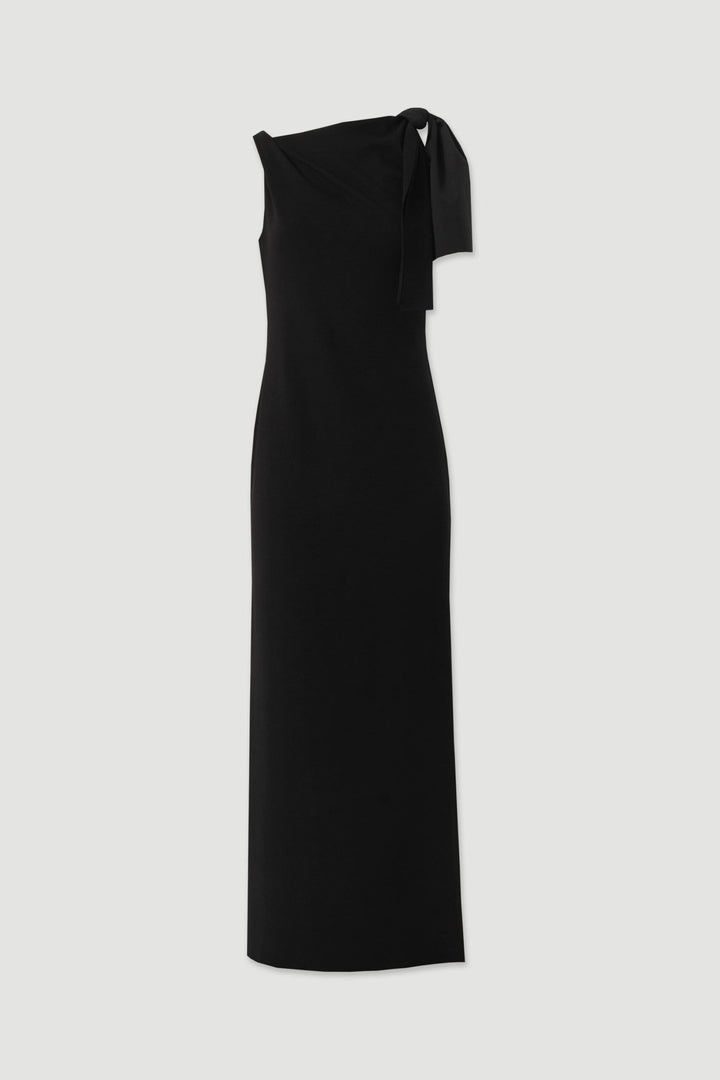VESTIDO PRETO COMPRIDO COM DRAPEADO E LAÇO NO OMBRO FERRACHE