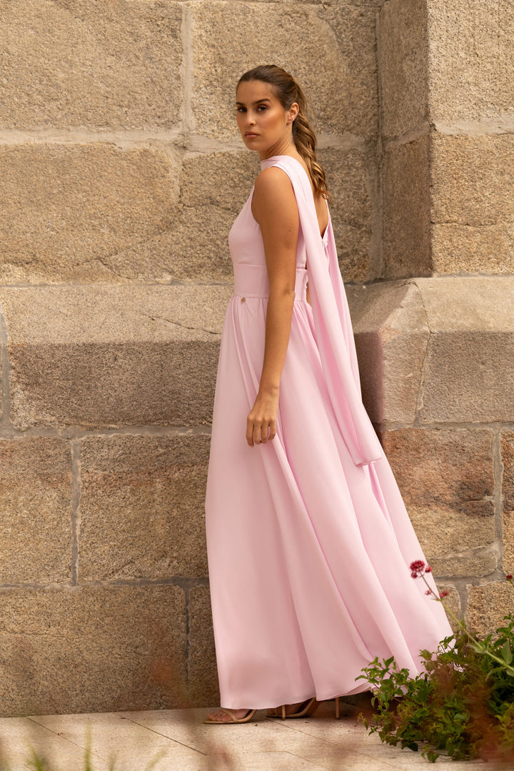 VESTIDO COMPRIDO ROSA COM ECHARPE FERRACHE