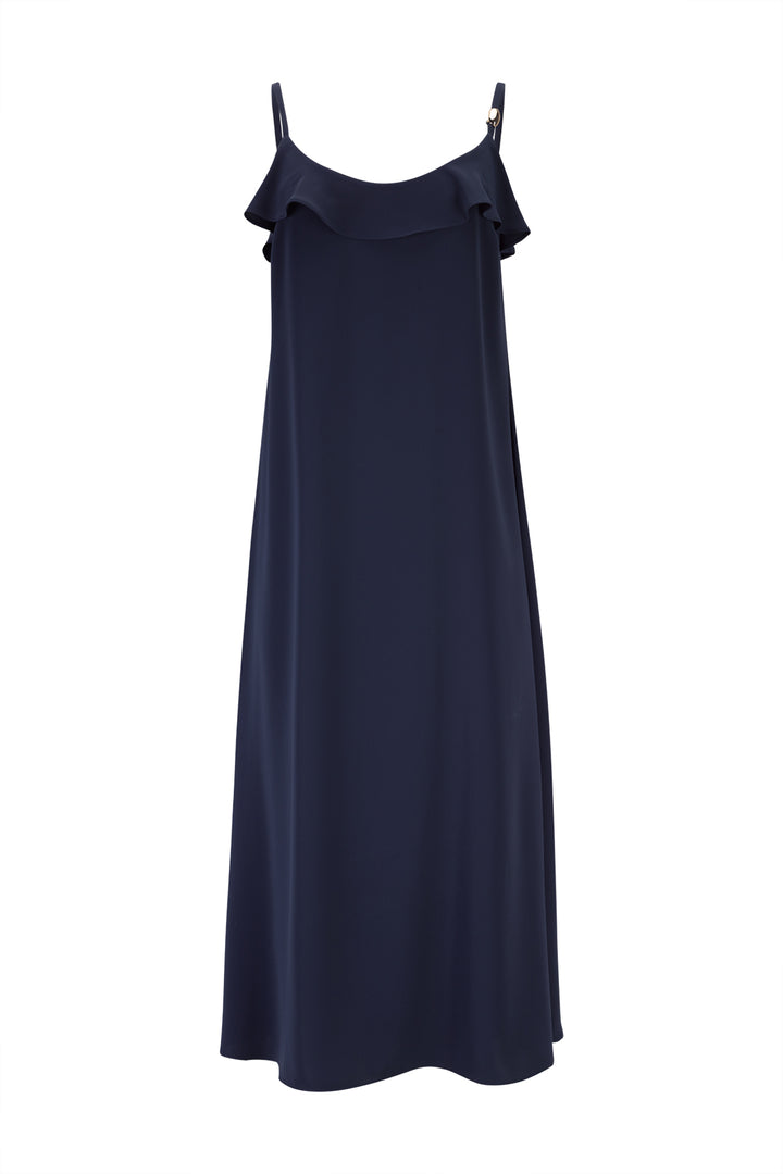 VESTIDO COMPRIDO AZUL MARINHO COM FOLHO NA COSTA SILVINA CAMPOS