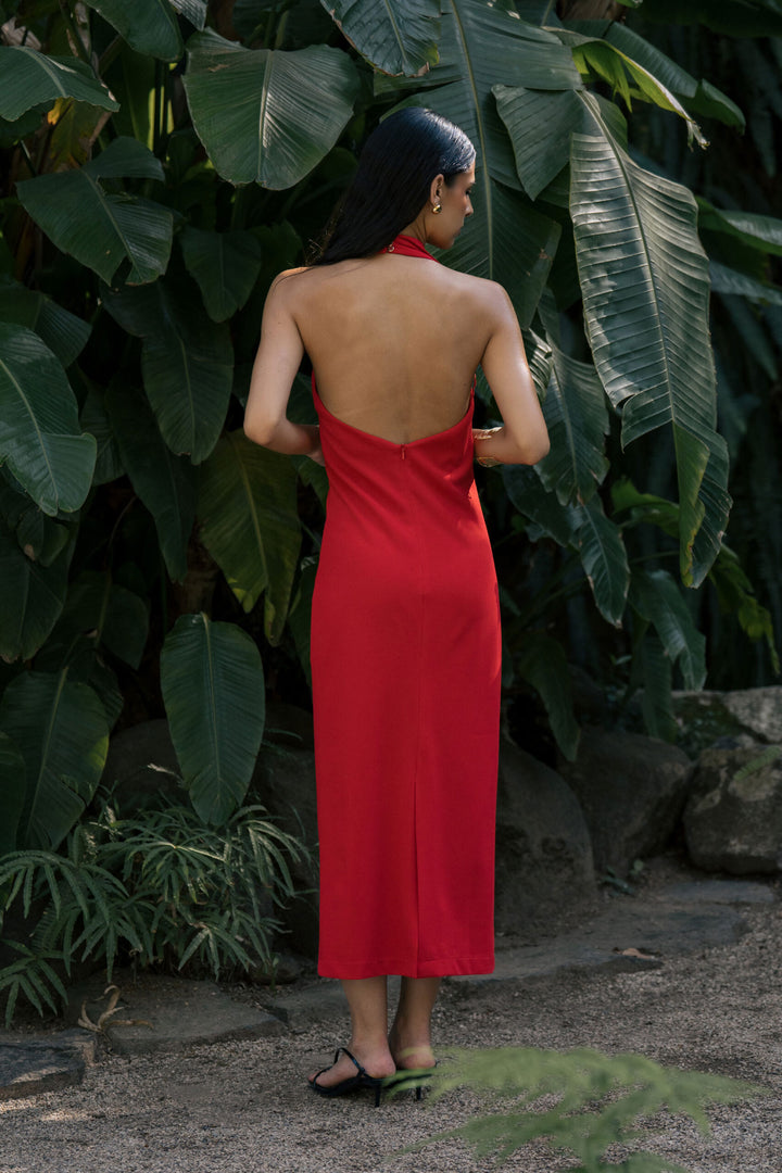 VESTIDO MIDI VERMELHO DECOTE HALTER FERRACHE