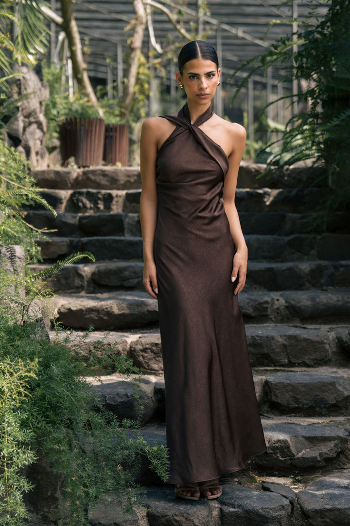 VESTIDO MIDI CASTANHO DECOTE HALTER FERRACHE