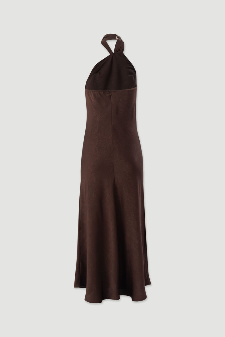 VESTIDO MIDI CASTANHO DECOTE HALTER FERRACHE