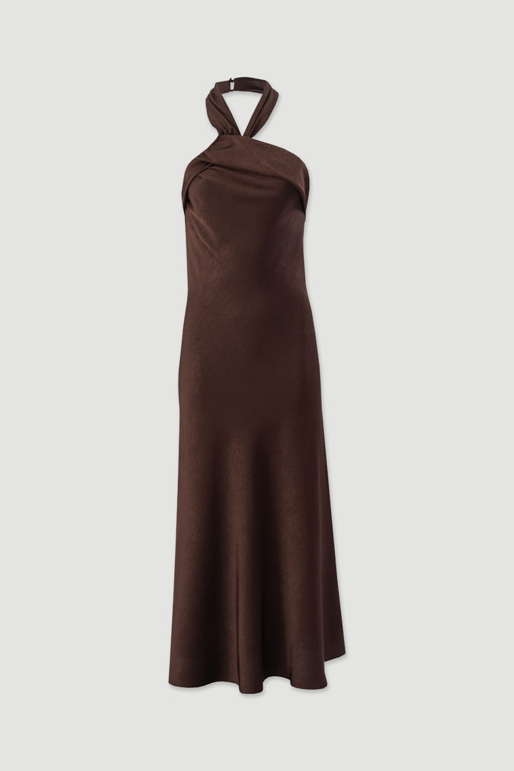 VESTIDO MIDI CASTANHO DECOTE HALTER FERRACHE