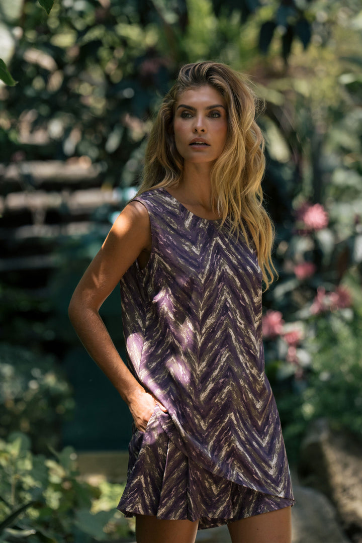 TÚNICA ASSIMÉTRICA ESTAMPADA ROXA FERRACHE