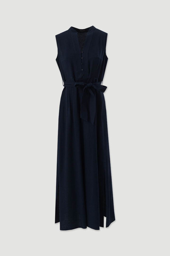 VESTIDO AZUL MARINHO COMPRIDO COM CINTO FERRACHE