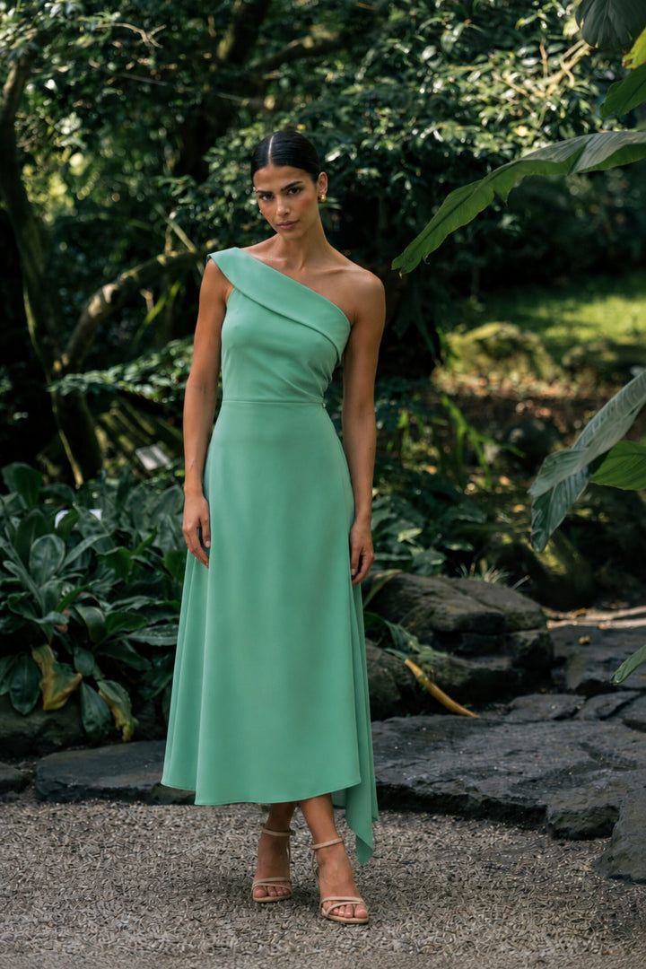 VESTIDO MIDI VERDE ÀGUA DE UM OMBRO FERRACHE
