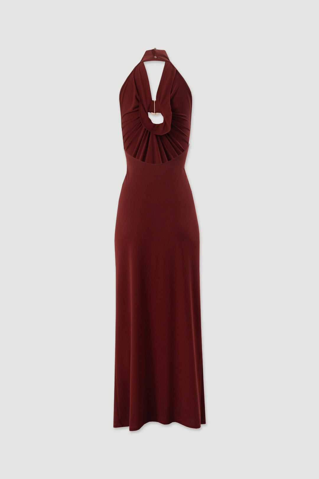 VESTIDO COMPRIDO BORDO DECOTADO COM DETALHE METÁLICO FERRACHE