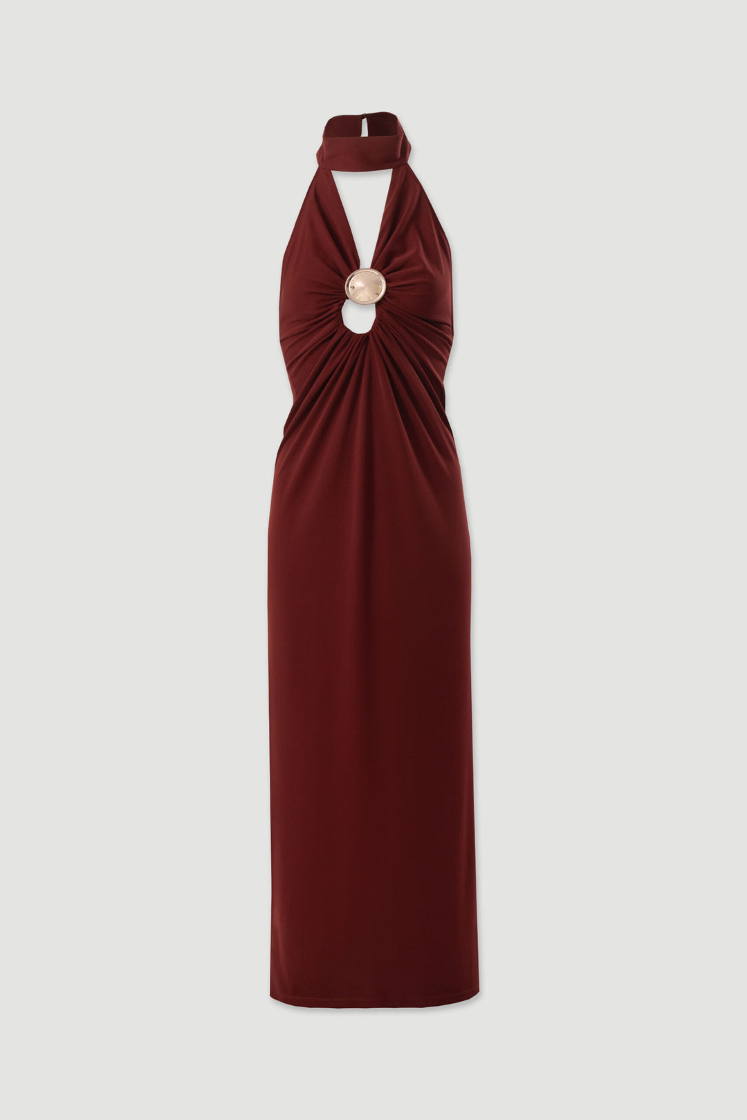 VESTIDO COMPRIDO BORDO DECOTADO COM DETALHE METÁLICO FERRACHE
