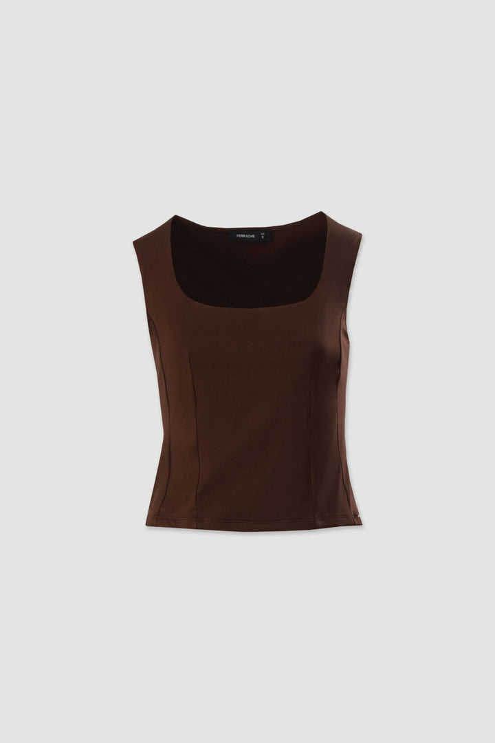 TOP CURTO CASTANHO DE MALHA COM DECOTE QUADRADO FERRACHE