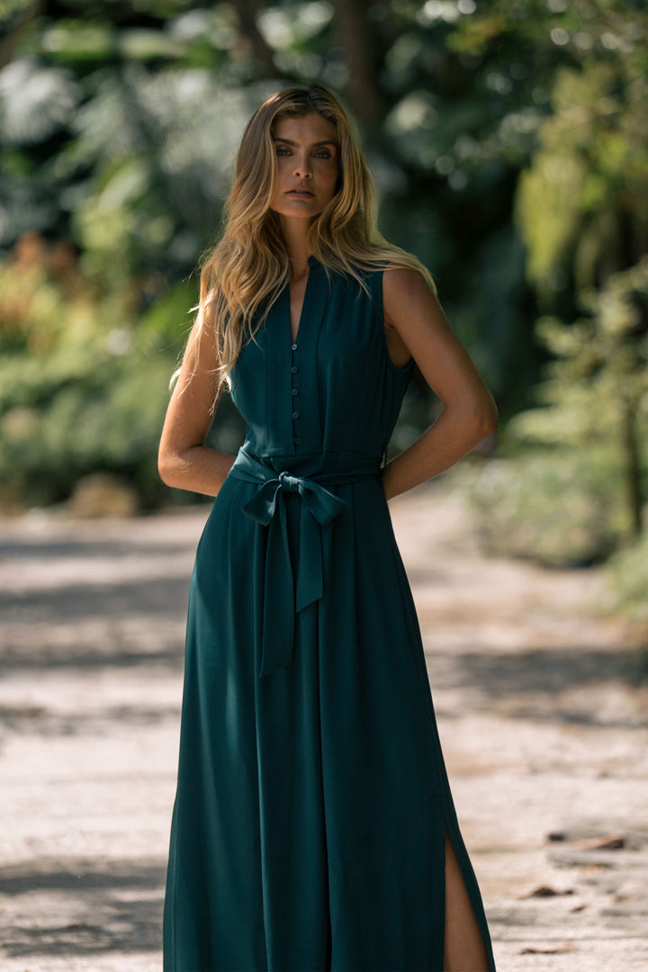 VESTIDO VERDE COMPRIDO COM CINTO FERRACHE