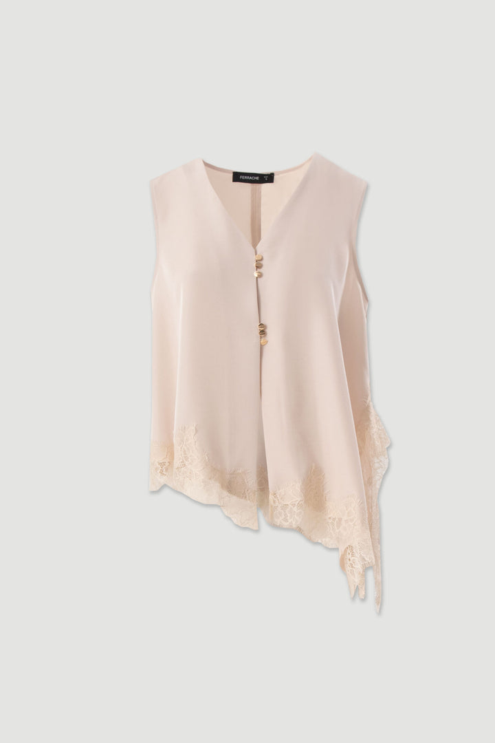 BLUSA ASSIMÉTRICA BEGE COM RENDA FERRACHE