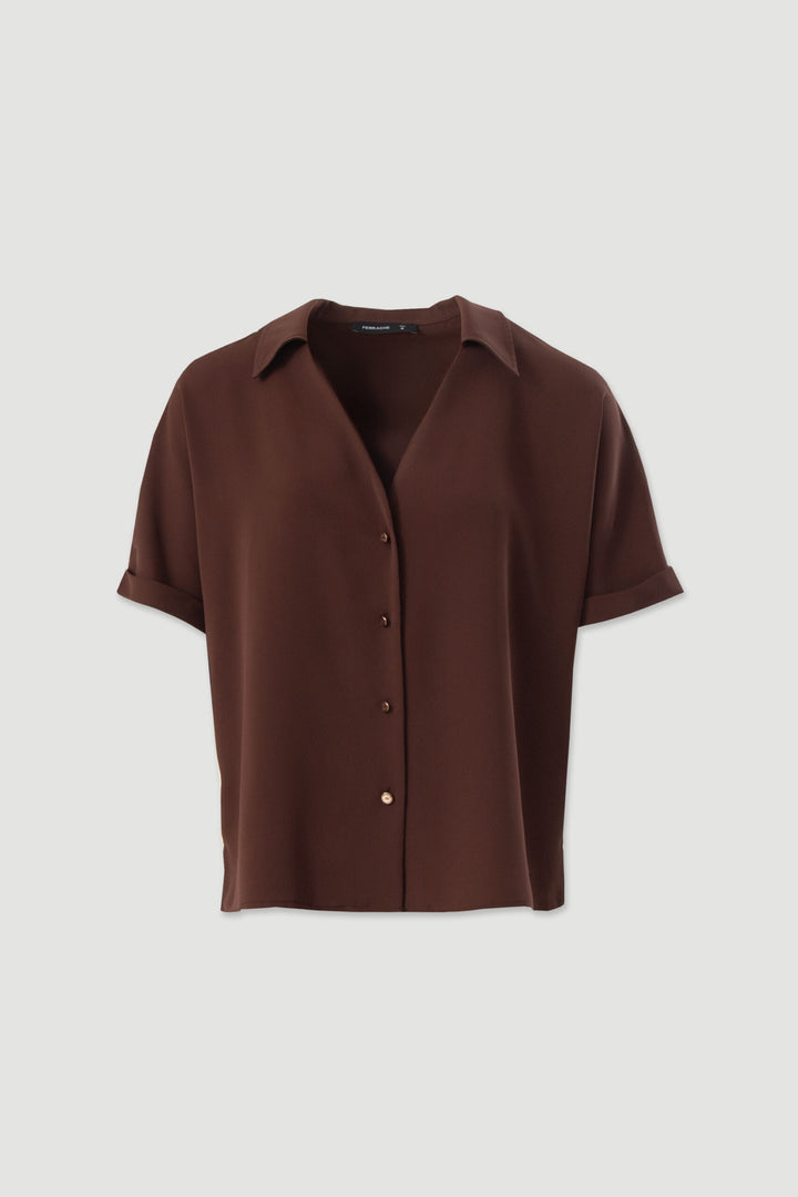 BLUSA FLUÍDA CASTANHA COM DECOTE EM V FERRACHE