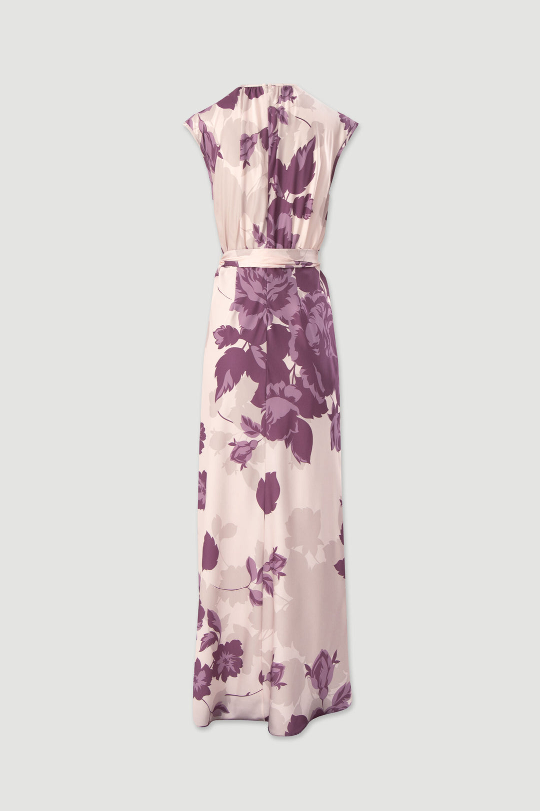 VESTIDO BEGE E ROXO ESTAMPADO COM CINTO FERRACHE