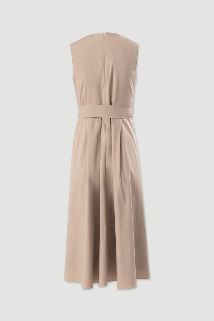 VESTIDO MIDI BEGE COM CINTO E FIVELA FERRACHE