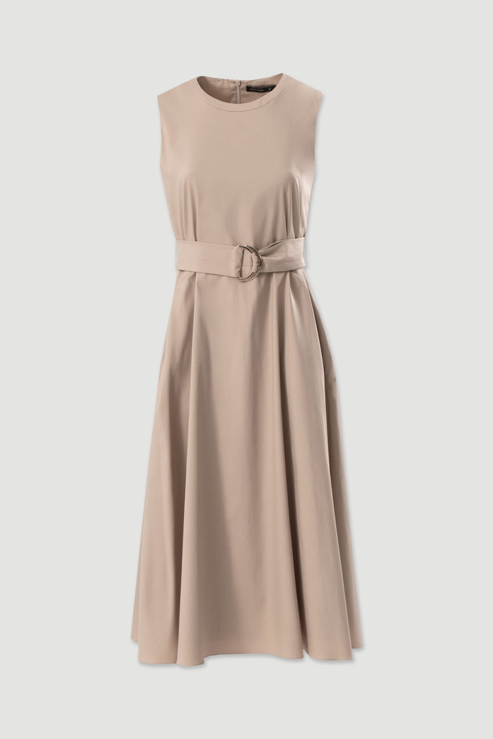 VESTIDO MIDI BEGE COM CINTO E FIVELA FERRACHE
