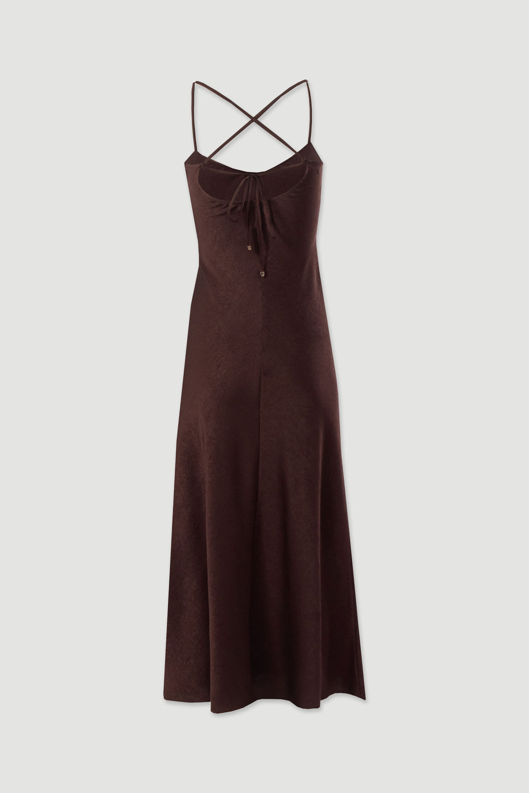 VESTIDO MIDI CASTANHO ACETINADO COM COSTAS CRUZADAS FERRACHE