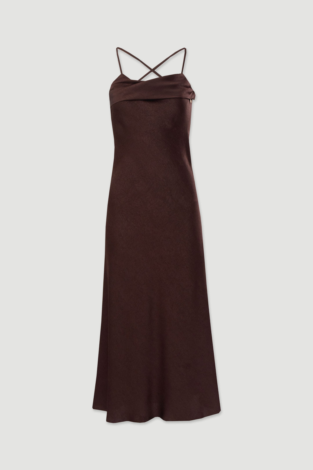 VESTIDO MIDI CASTANHO ACETINADO COM COSTAS CRUZADAS FERRACHE