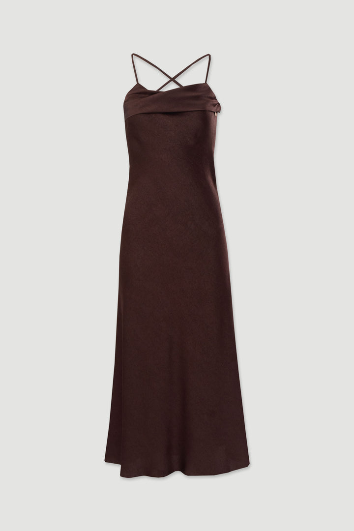 VESTIDO MIDI CASTANHO ACETINADO COM COSTAS CRUZADAS FERRACHE