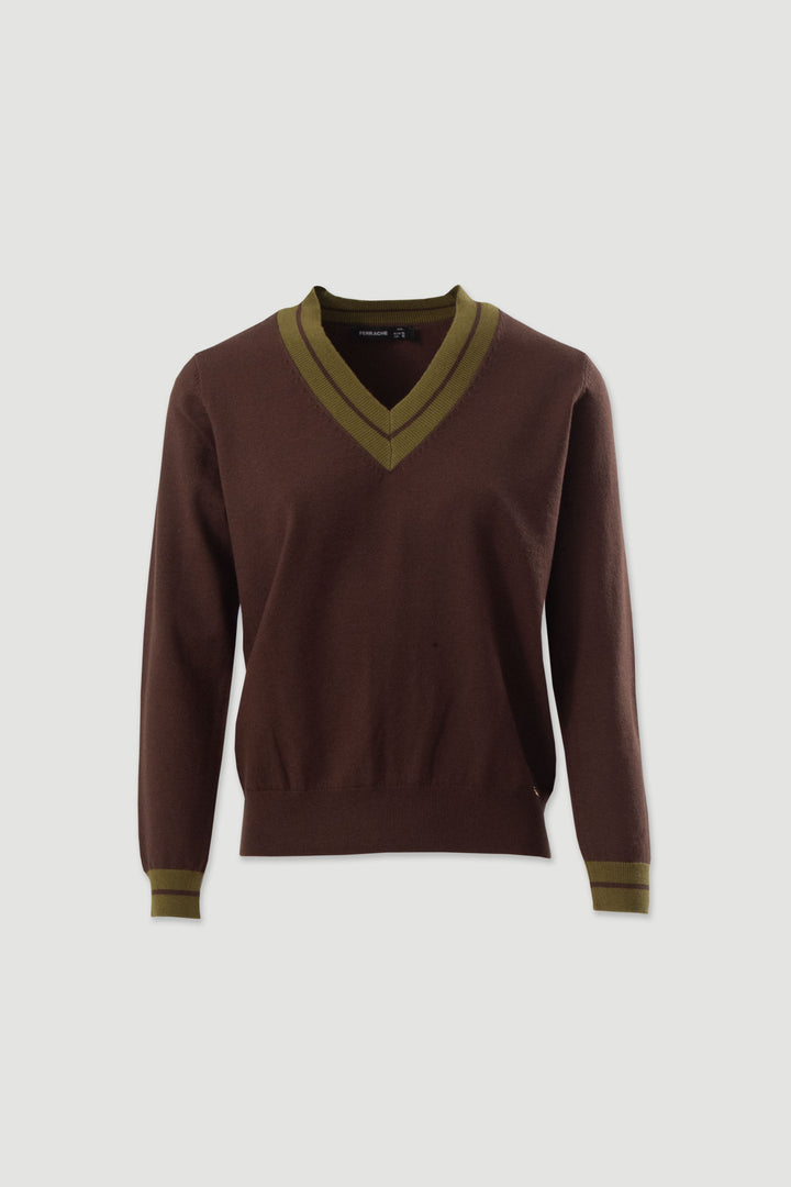 CAMISOLA DE MALHA CASTANHA COM DECOTE EM V CONTRASTANTE FERRACHE