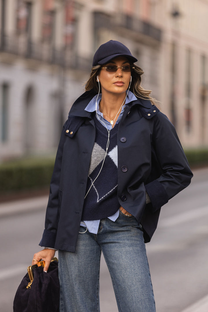 Parka azul marinho com capuz Ferrache | Ponto Chic